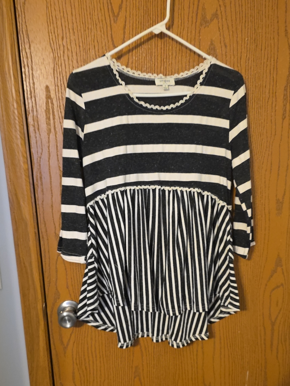 Umgee Black and White Striped Peplum Tunic with Lace Trim